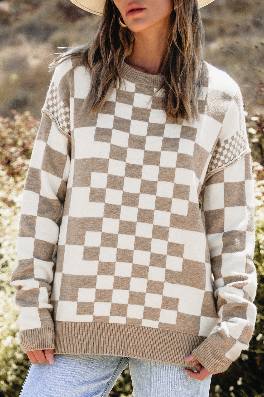 Khaki Checkered Print Drop Shoulder Round Neck Sweater - loveforevers