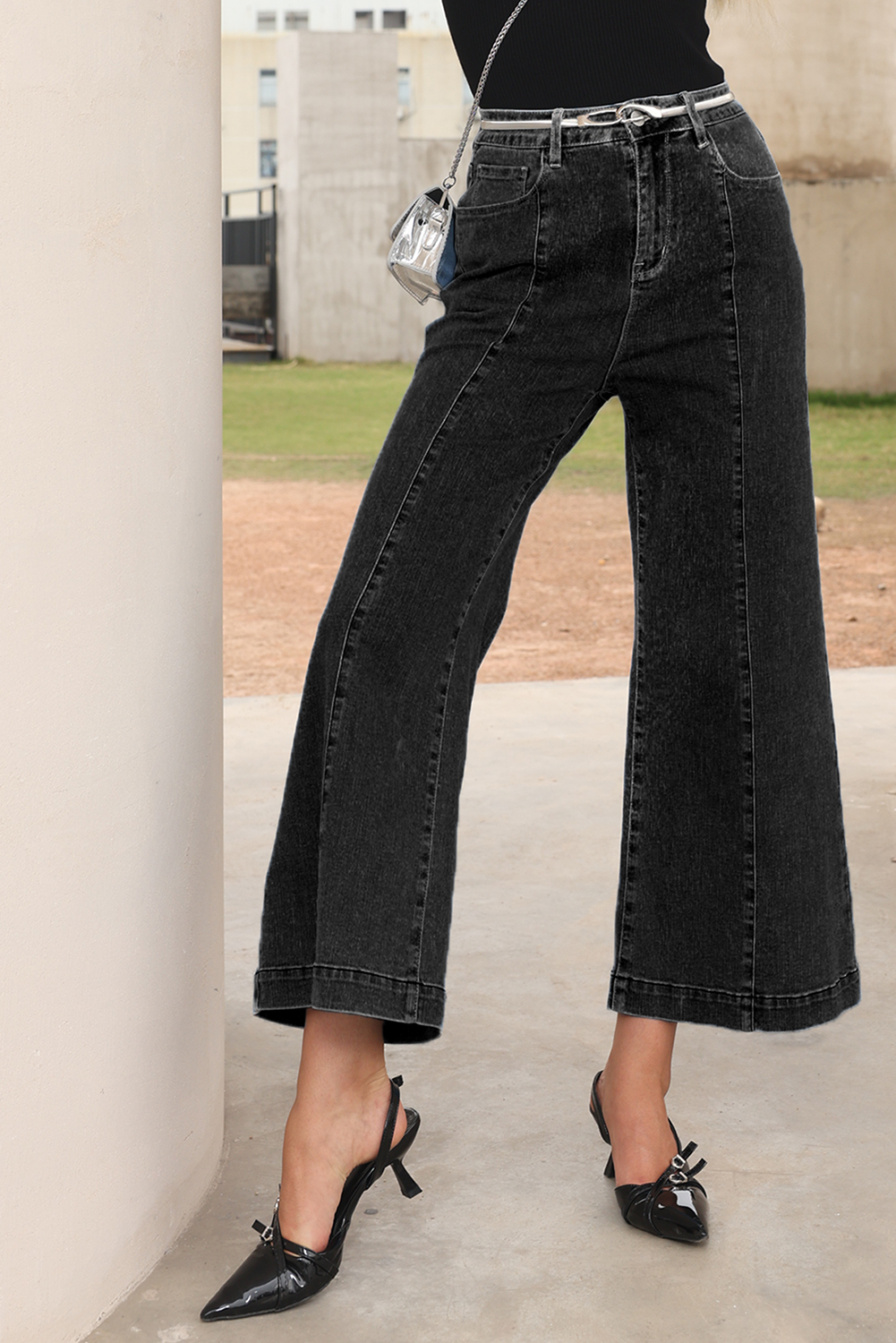 Black Plain Seam Detail Flared Bottom Ankle Length Jeans - loveforevers