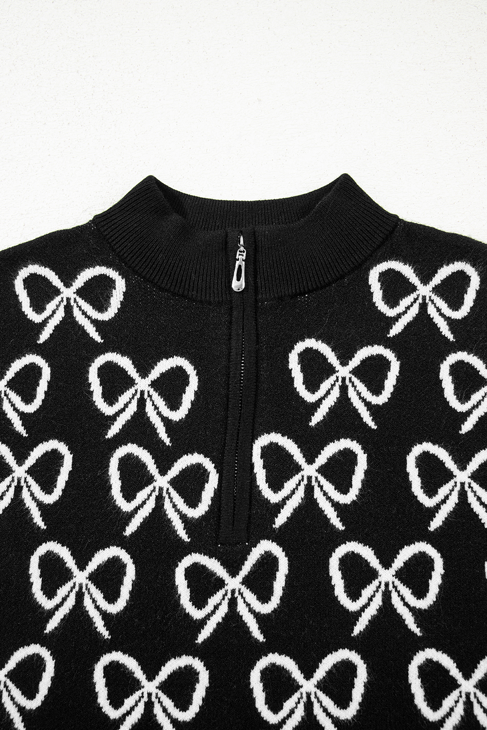 Black Cute Bow Pattern Drop Shoulder Zipped Collar Sweater - loveforevers