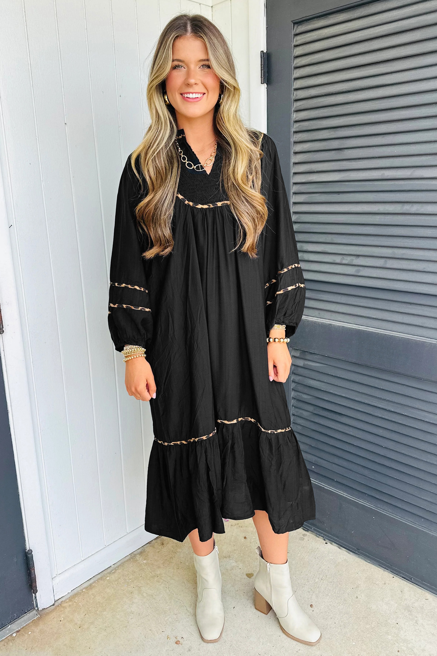 Black Contrast Leopard Trim Split Neck Long Sleeve Casual Midi Dress - loveforevers