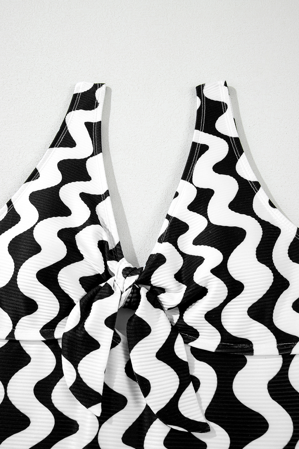 Black Stripe Bowknot Ricrac Print V Neck Low Back Cut One Piece Swimsuit - loveforevers