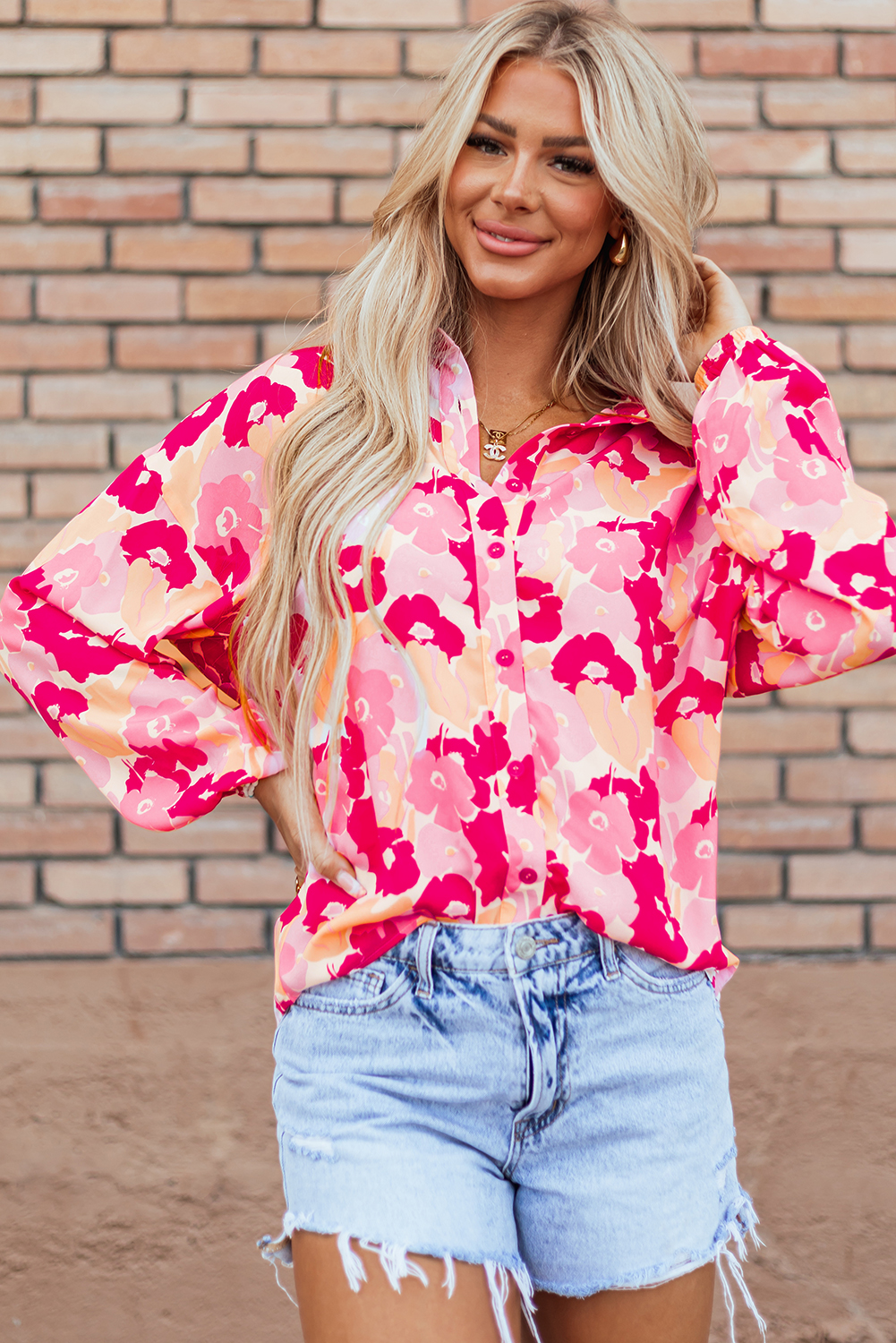 Pink Blooming Floral Print Puff Sleeve Buttoned Shirt - loveforevers