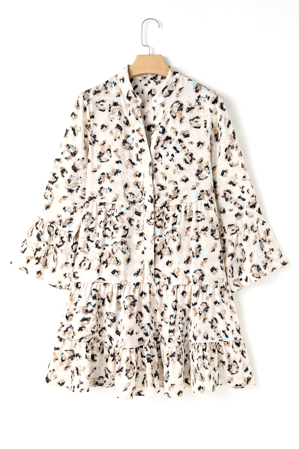 Khaki Leopard Print Buttoned Front 3/4 Sleeve Tiered Ruffled Hem Dress - loveforevers