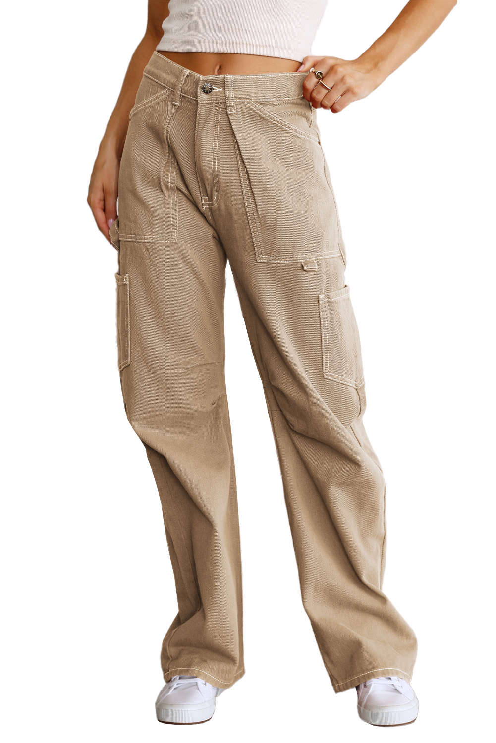 White High Waist Straight Leg Cargo Pants with Pockets - loveforevers