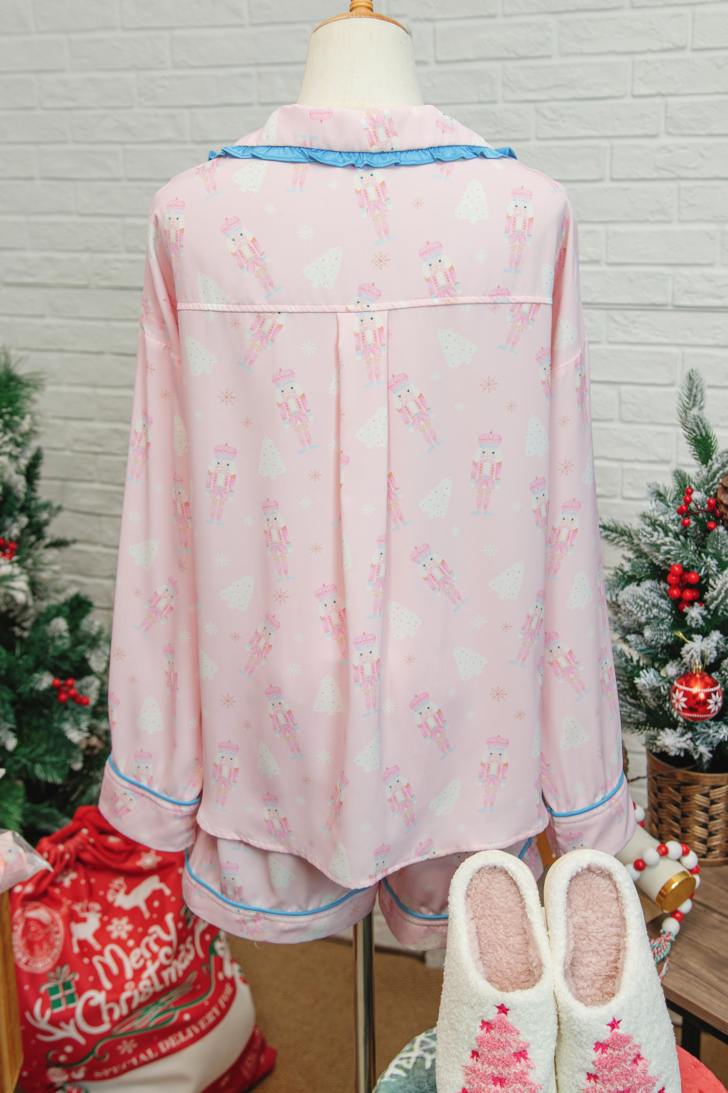 Pink Bow Tie Front Christmas Nutcracker Long Sleeve Shirt Shorts Pajama Set - loveforevers