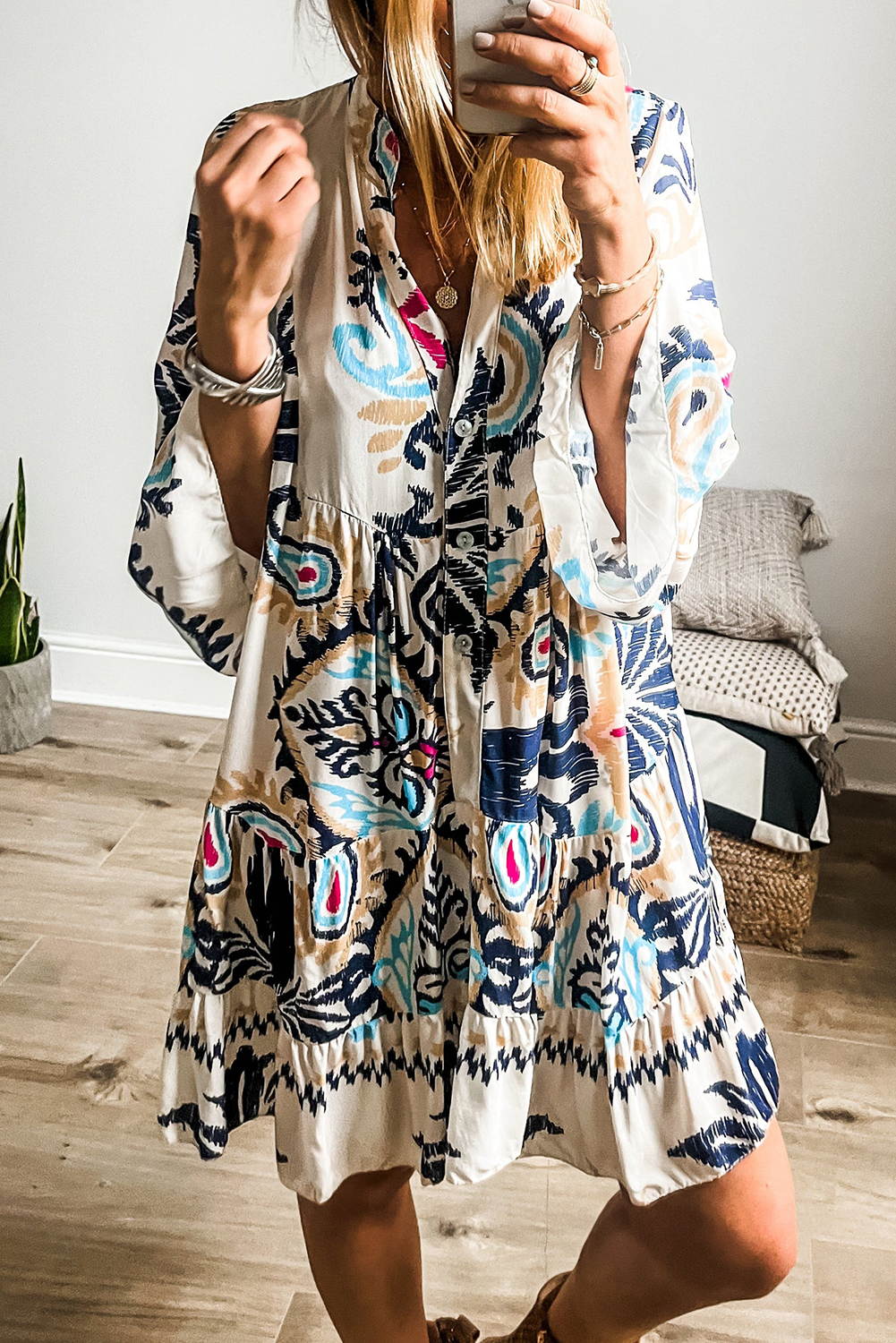 White Printed Tribal Bracelet Sleeve Buttoned Mini Dress - loveforevers