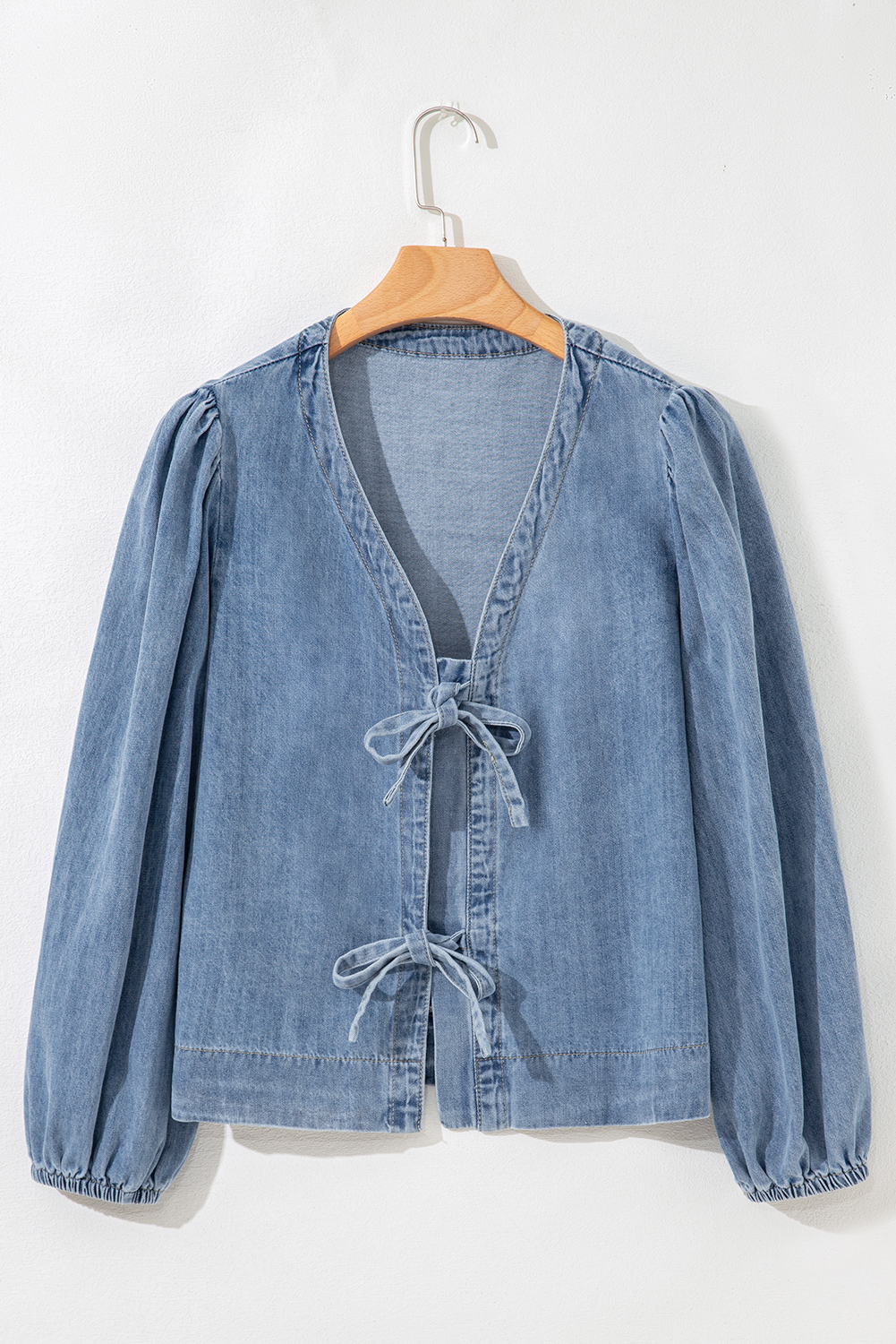 Dusk Blue Tied Front Long Puff Sleeve Denim Top - loveforevers