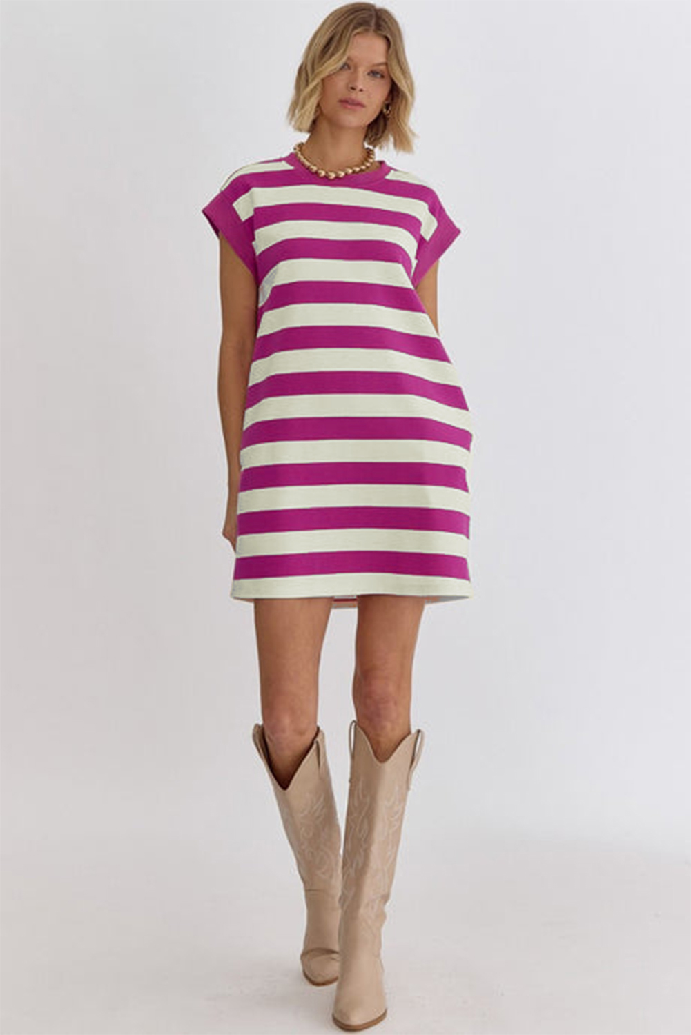 Rose Stripe Cap Sleeve Pocketed Shift T-shirt Dress - loveforevers