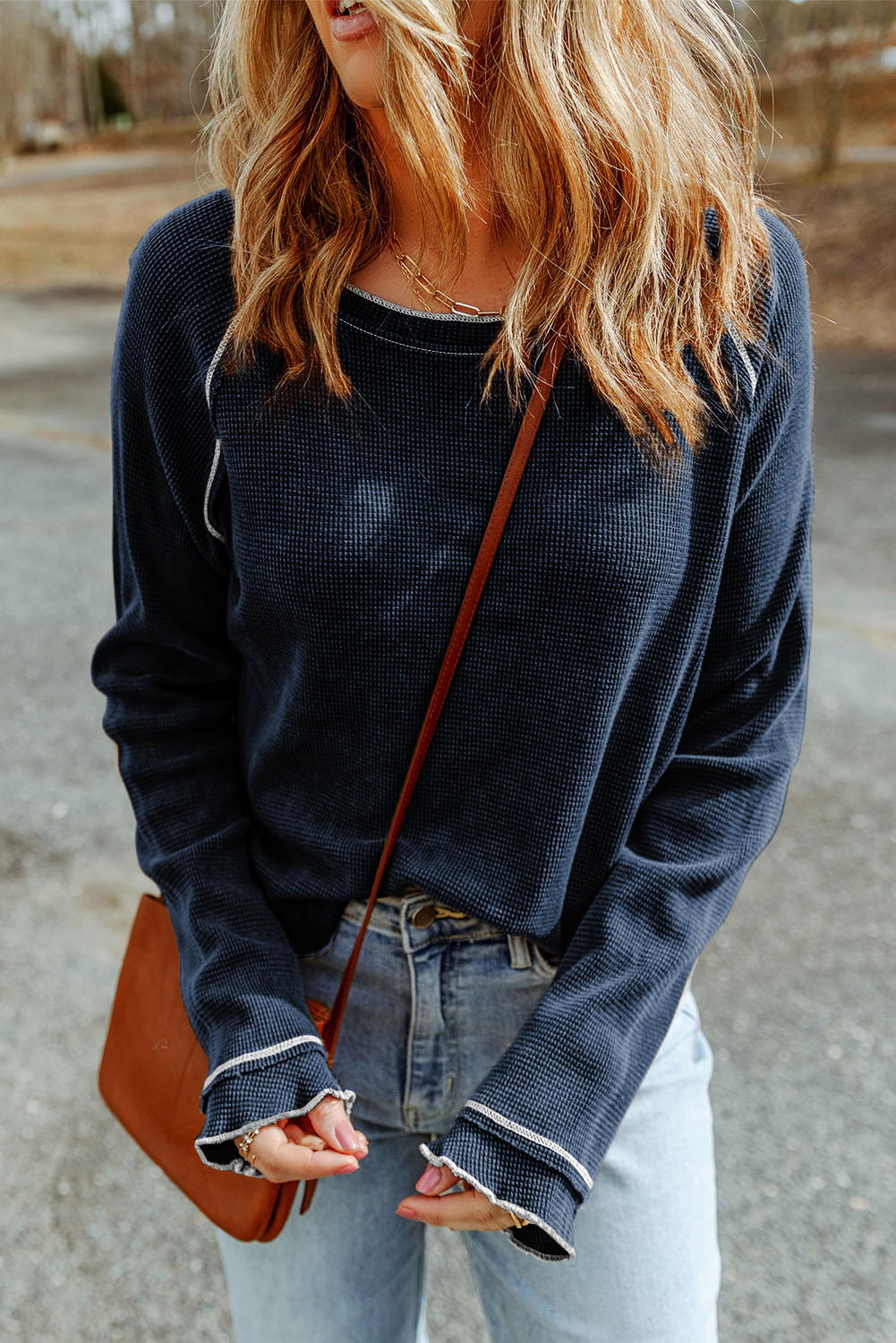 Smoke Gray Textured Round Neck Long Sleeve Top - loveforevers