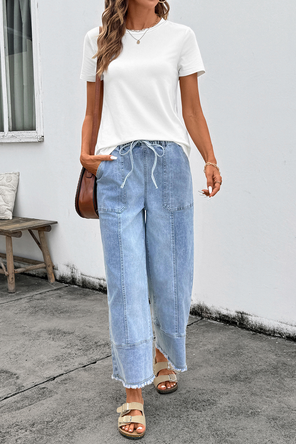 Beau Blue Drawstring Seam Detail Raw Hem Wide Leg Denim Pants - loveforevers