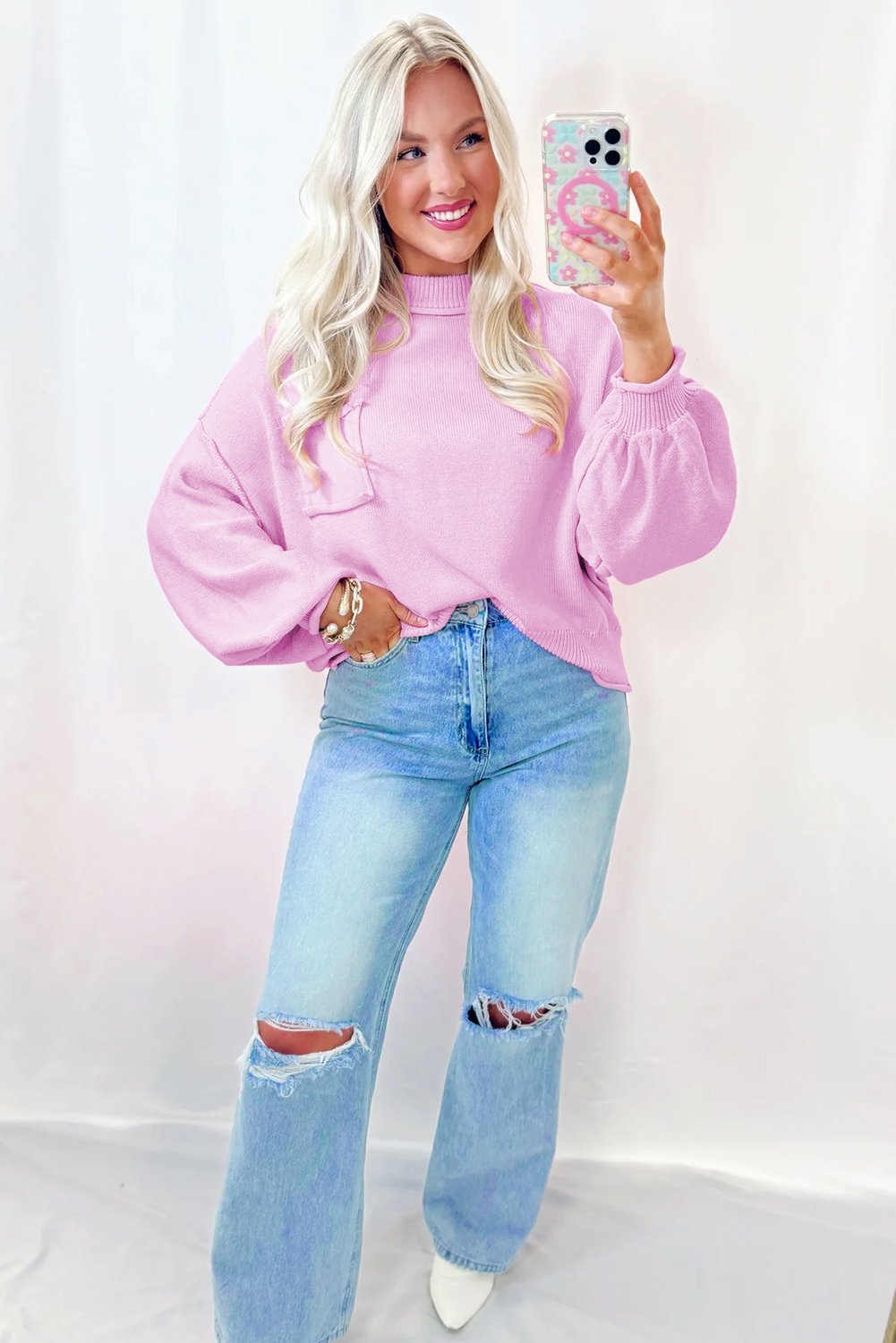 Pink Raw Edge Ribbed Detail Drop Shoulder Sweater - loveforevers