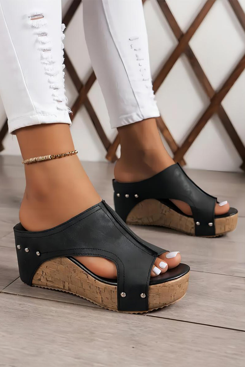 Chestnut Hollow Out Studded PU Leather Wedge Slippers - loveforevers