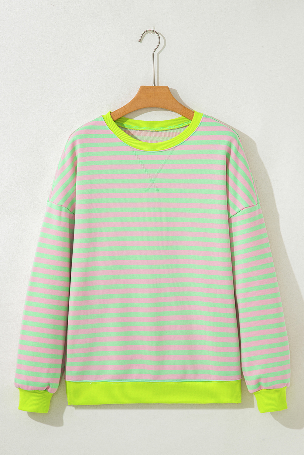 Red Stripe Contrast Ribbed Trim Crossed Stitch Drop Shoulder Sweatshirt - loveforevers