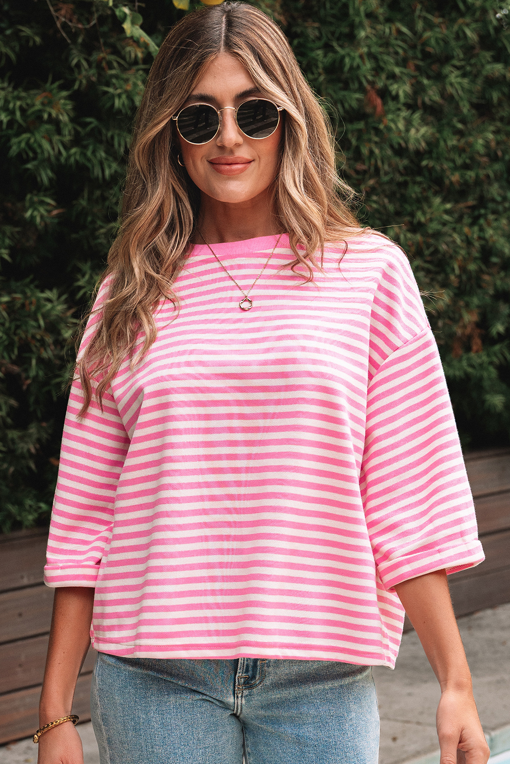Red Stripe Bowknot Cutout Back Drop Shoulder Wide Bracelet Sleeve Loose Tee - loveforevers