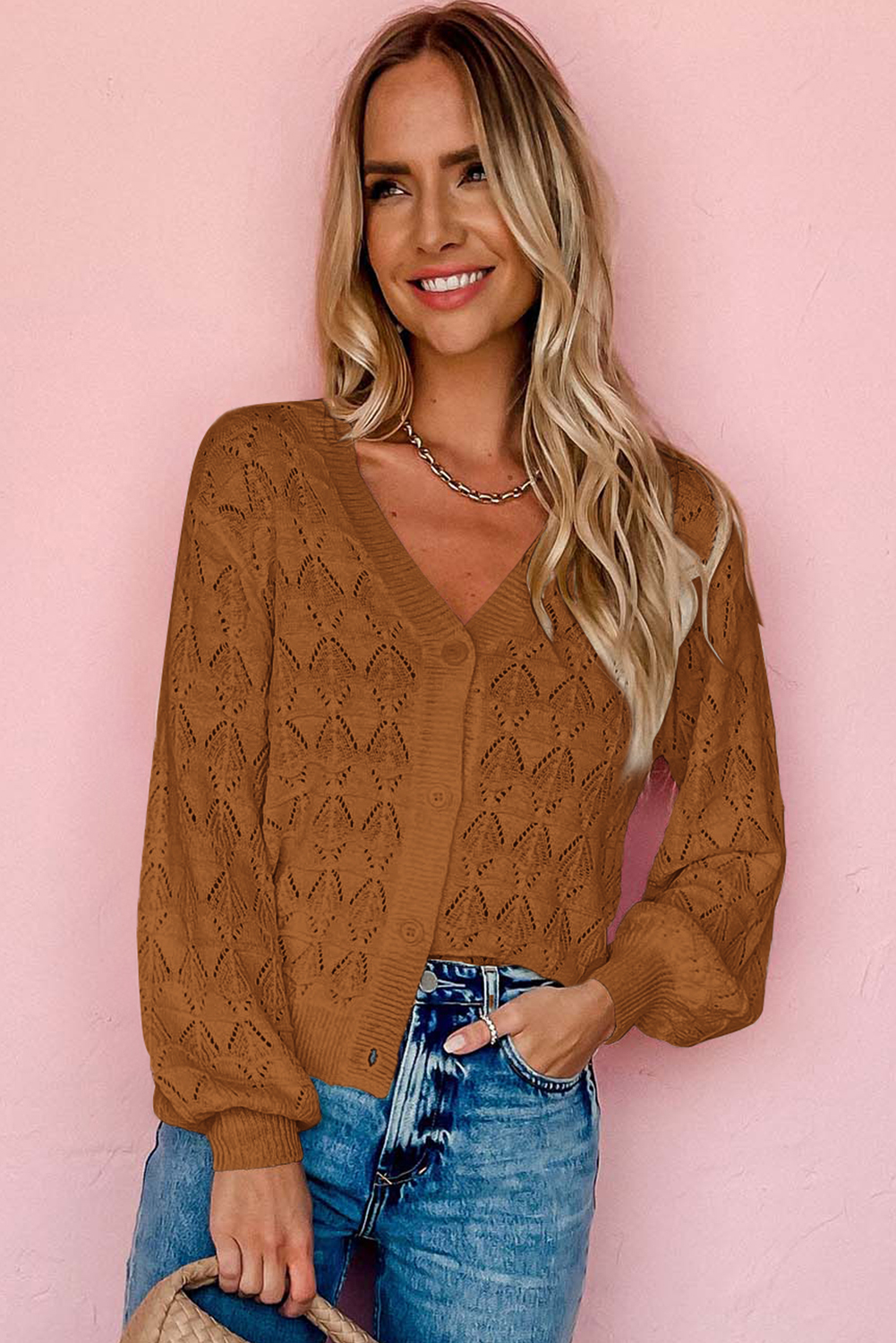 Fiery Red Lightweight Buttoned Front Crochet Cardigan - loveforevers