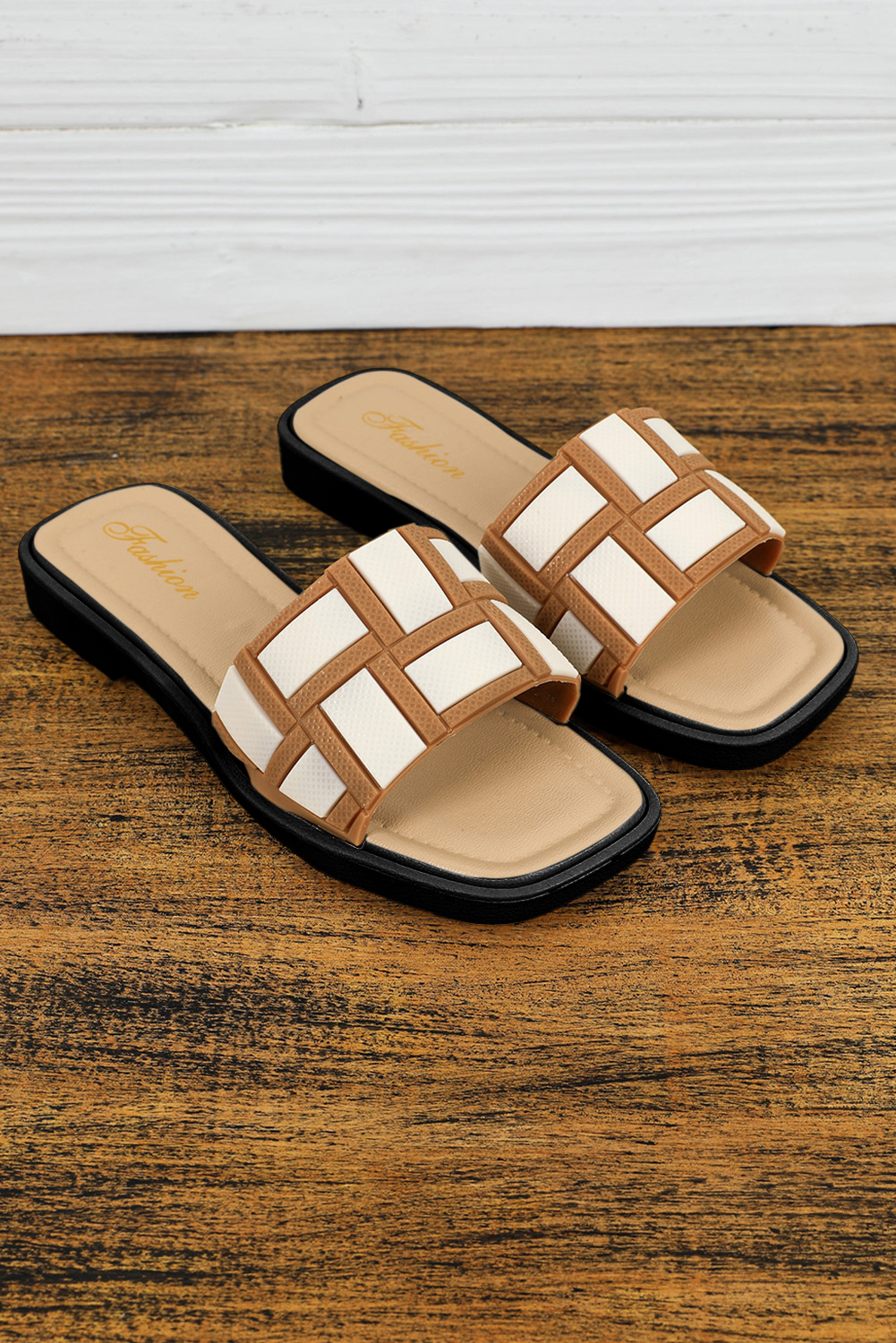 Beige Two Tone Contrast PU Leather Square Toe Slippers - loveforevers