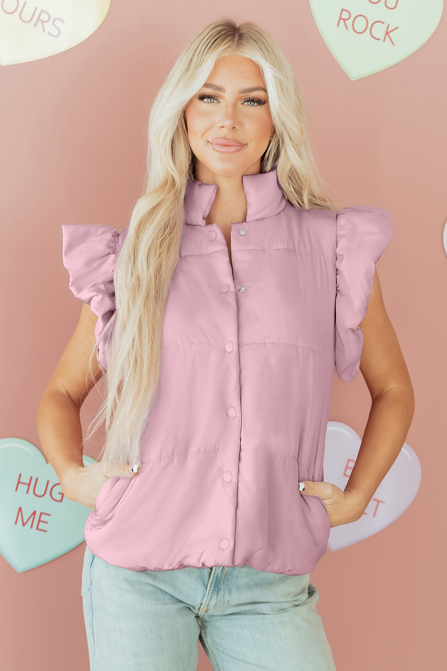 Pink Stand Neck Flutter Sleeve Snap Button Puffer Vest - loveforevers