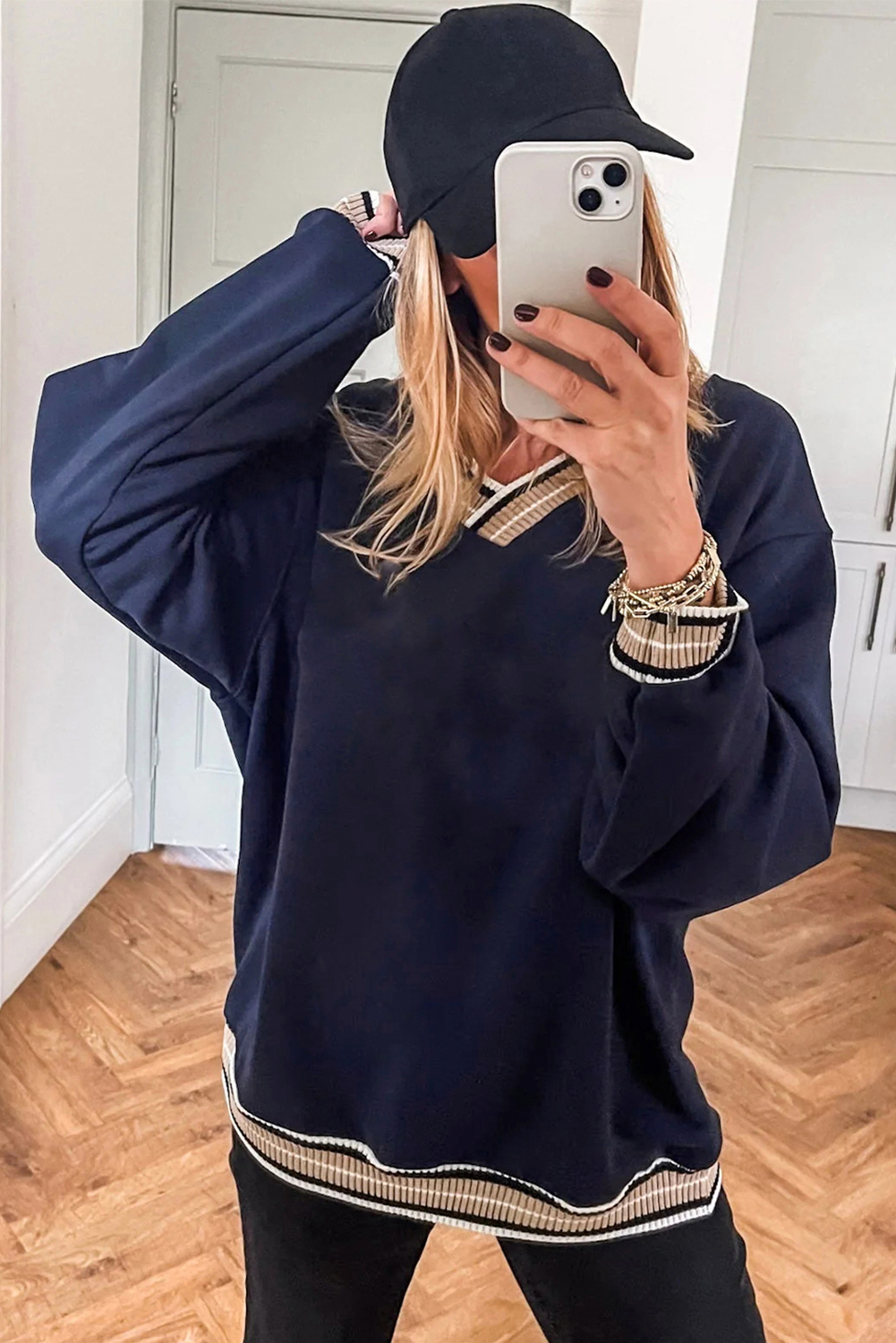 Gray Varsity Contrast Striped Trim V Neck Sweatshirt - loveforevers