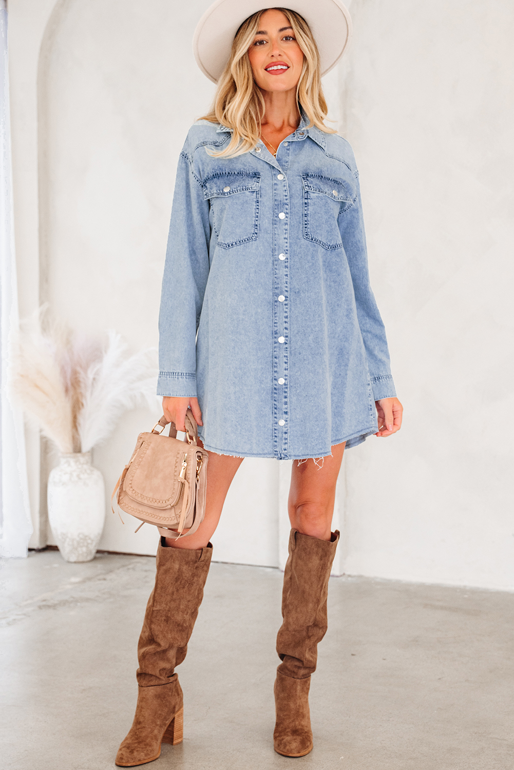 Blue Beau Chest Pocket Raw Hem Denim Loose Shirt Dress - loveforevers