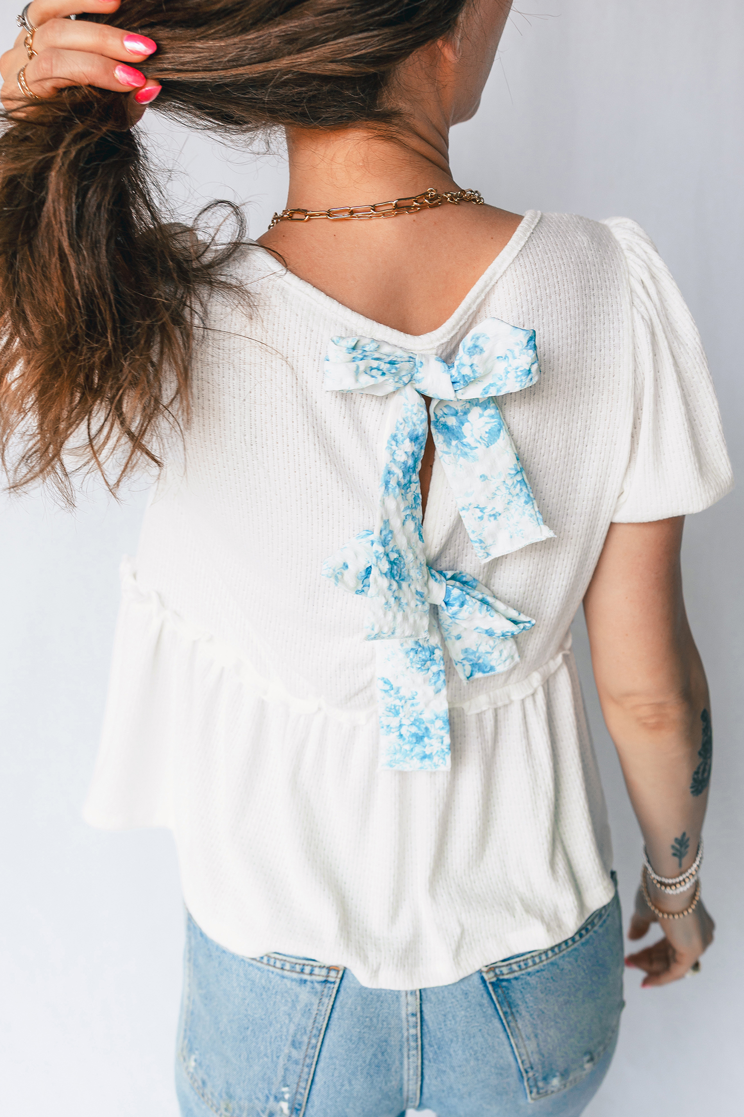 White Textured Knit V Neck Short Bubble Sleeve Peplum Top - loveforevers