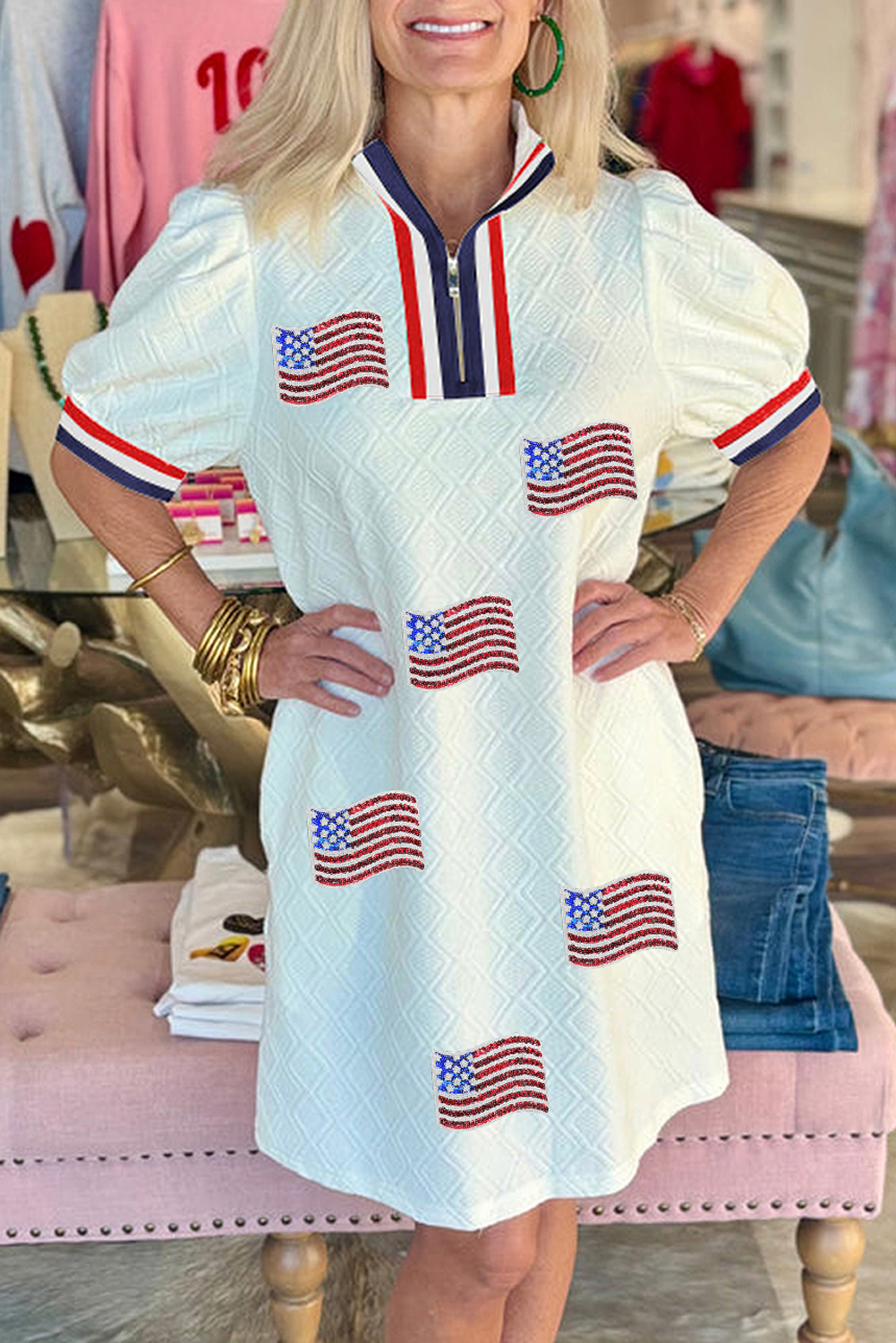White Textured Contrast Striped Detail Sequin Flag Patched Zip Collar T Shirt Dress - loveforevers