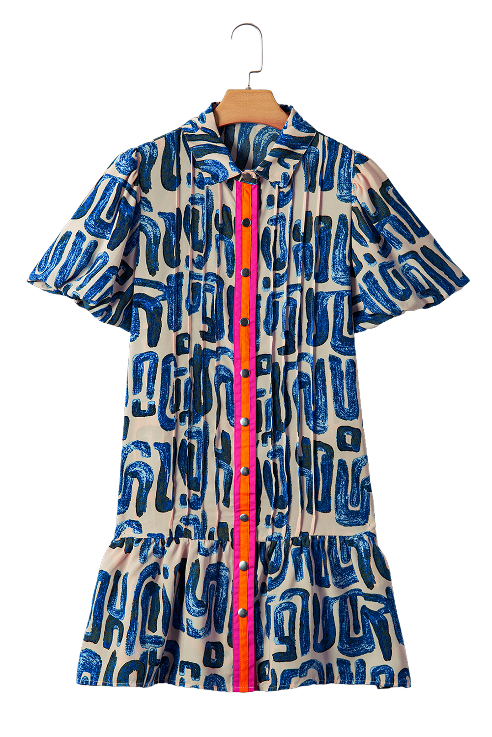 Beige Abstract Print Bubble Sleeve Button up Mini Dress - loveforevers