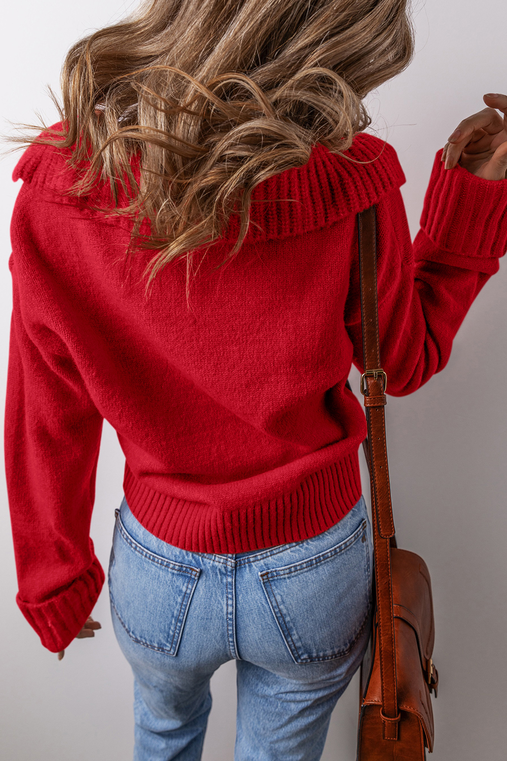Racing Red Collared V Neck Ribbed Edge Sexy Elegant Sweater - loveforevers