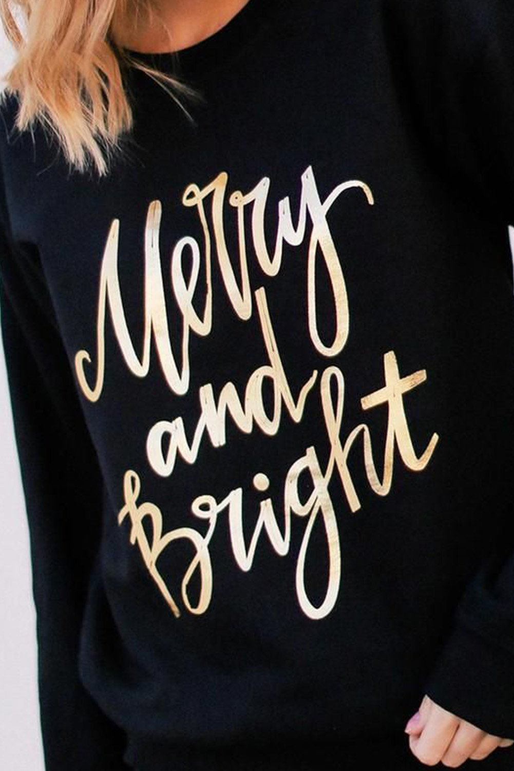 Black  Merry & Bright Letter Print Pullover Sweatshirt - loveforevers