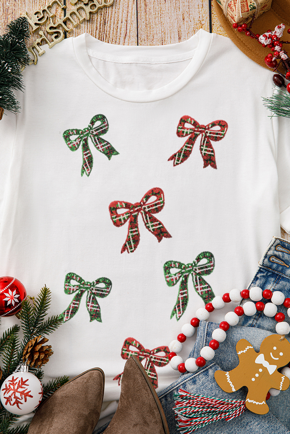 White Christmas Bowknot Graphic Cotton Blend T Shirt - loveforevers