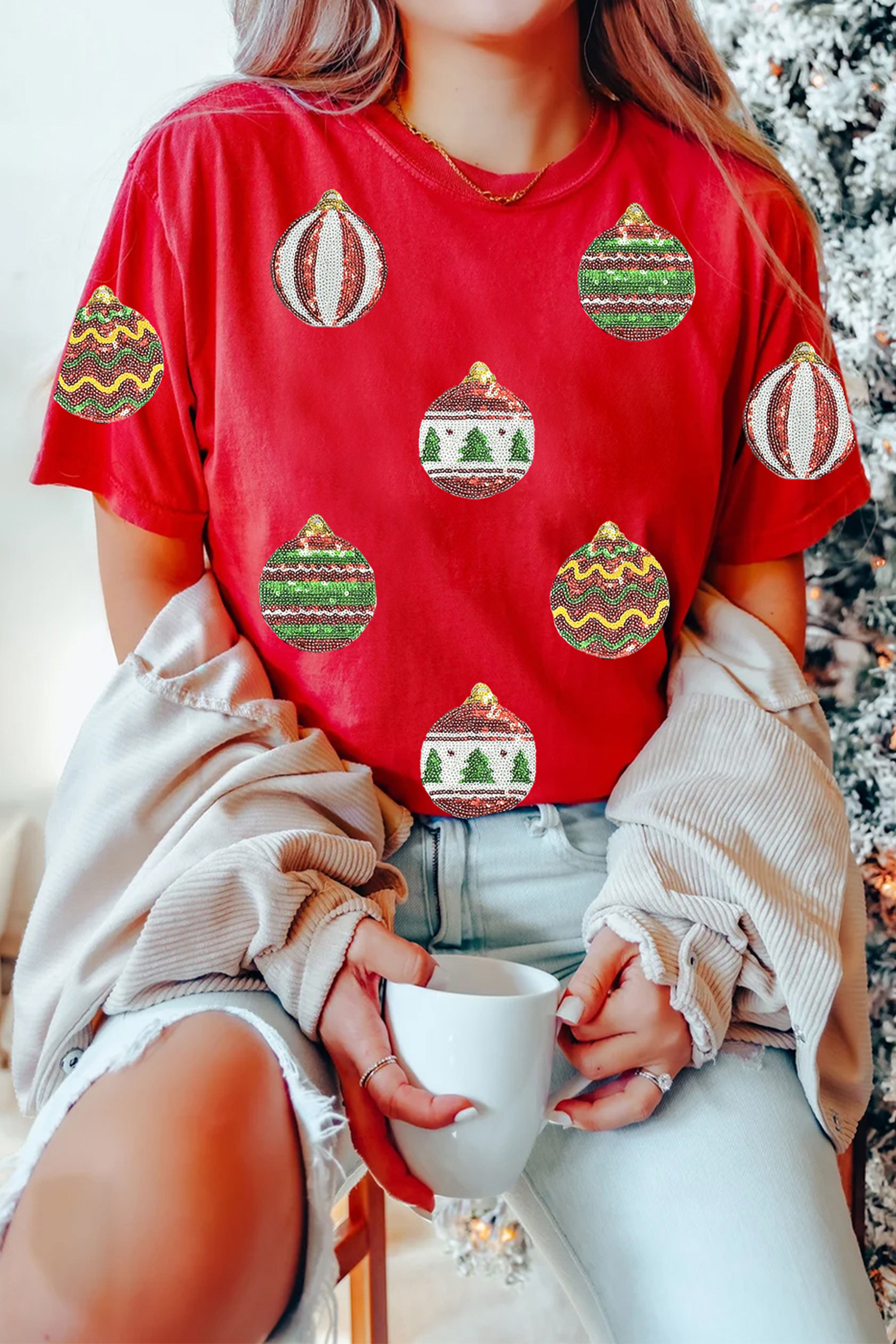 Red Christmas Ornament Bulbs Sequin Graphic Tee - loveforevers