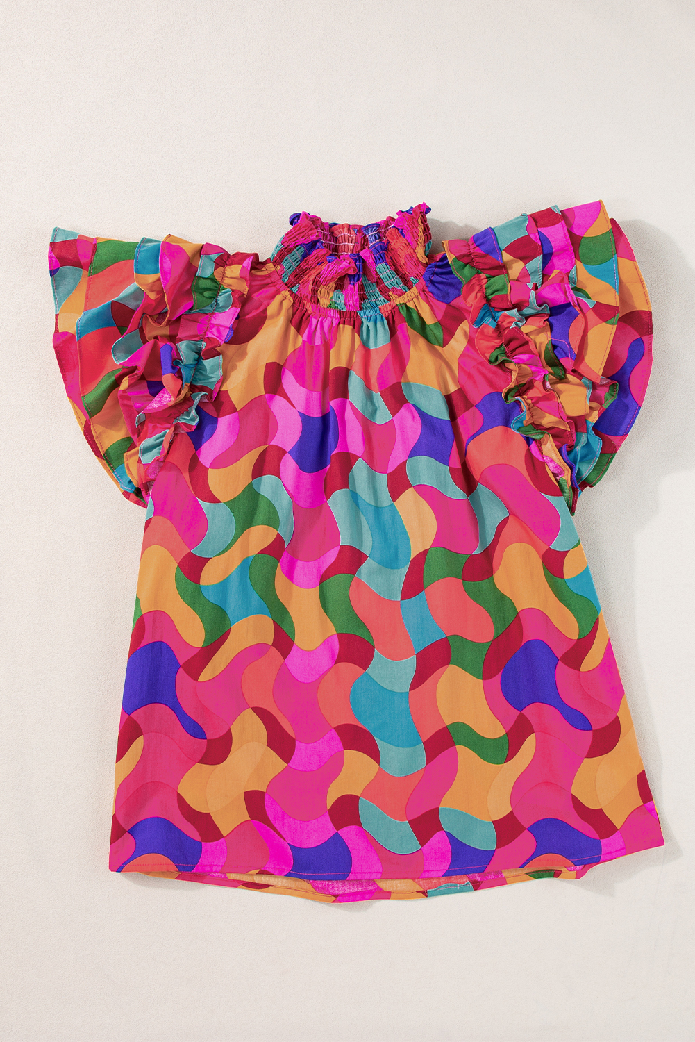 Rose Red Dramatic Ruffle Sleeve Smock Neck Wavy Print Top - loveforevers