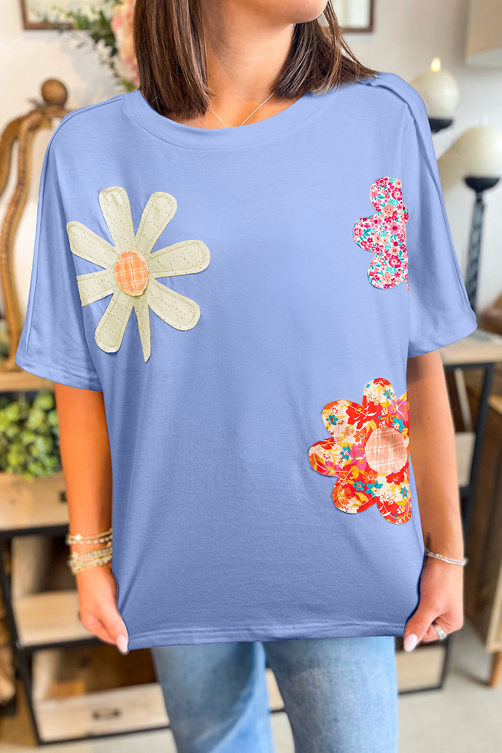 Apricot Flower Patched Exposed Stitching Trim Crew Neck Loose Tee - loveforevers