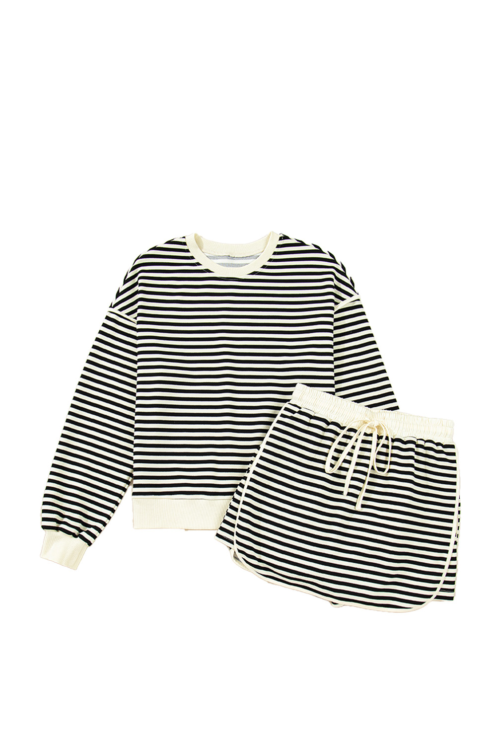 Black Stripe Textured Drop Shoulder Pullover Top Drawstring Mini Skort Two Piece Dress Set - loveforevers