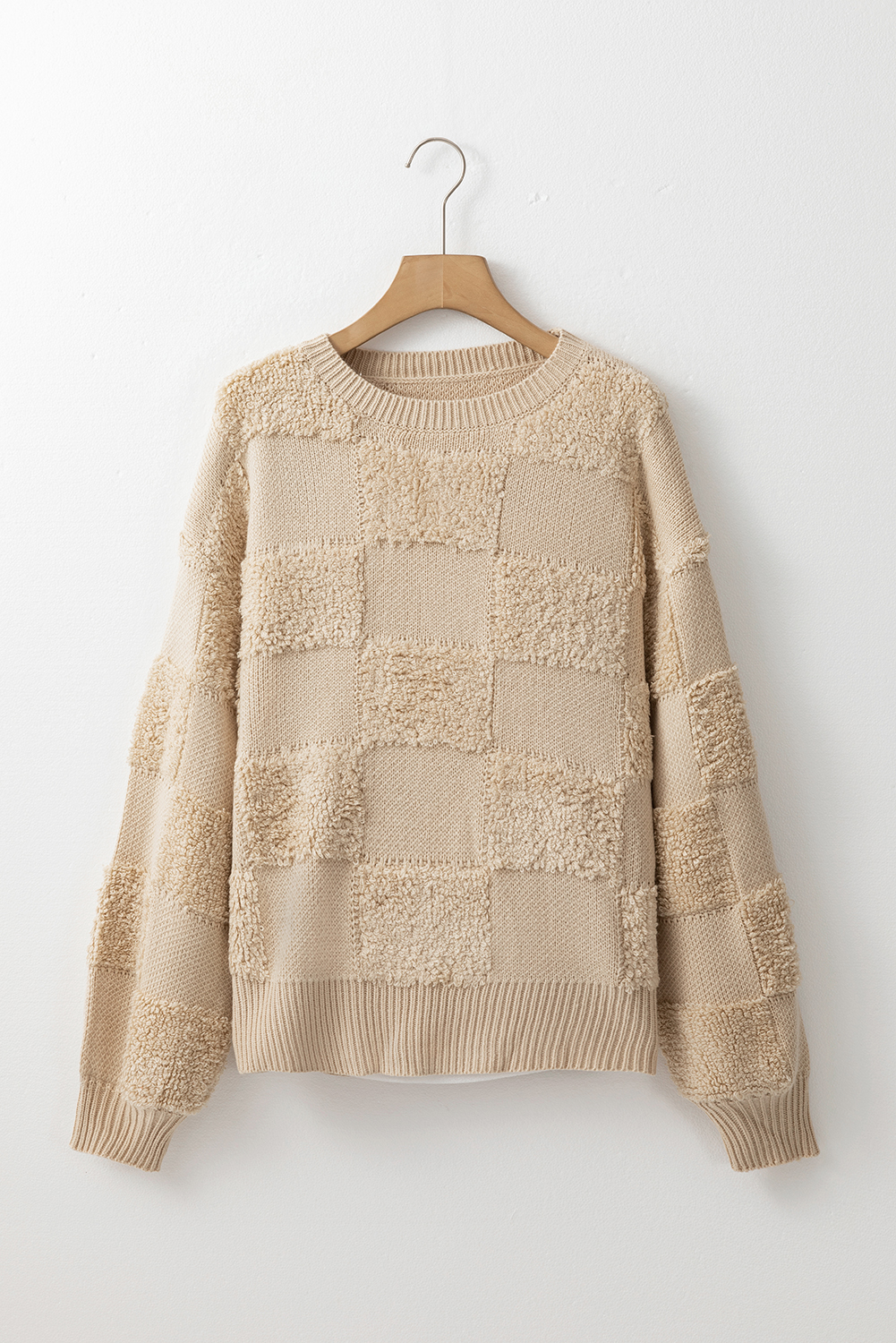 Parchment Checkered Sherpa Crew Neck Loose Sweater - loveforevers