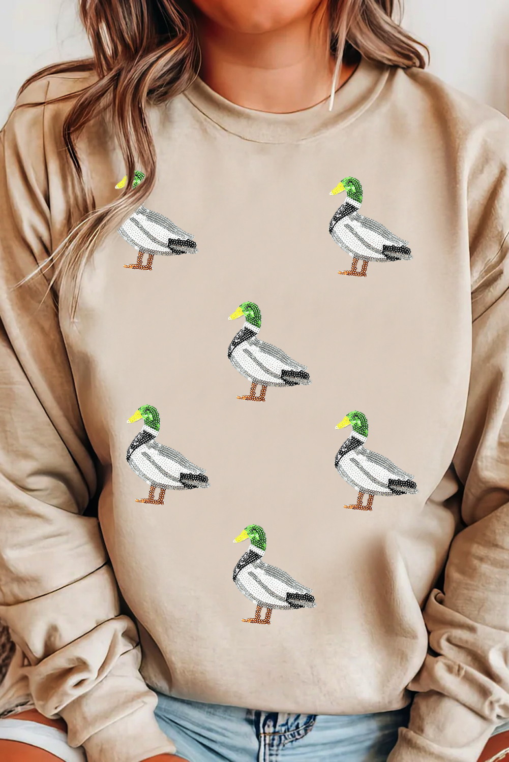 Khaki Sequin Mallard Duck Graphic Baggy Sweatshirt - loveforevers