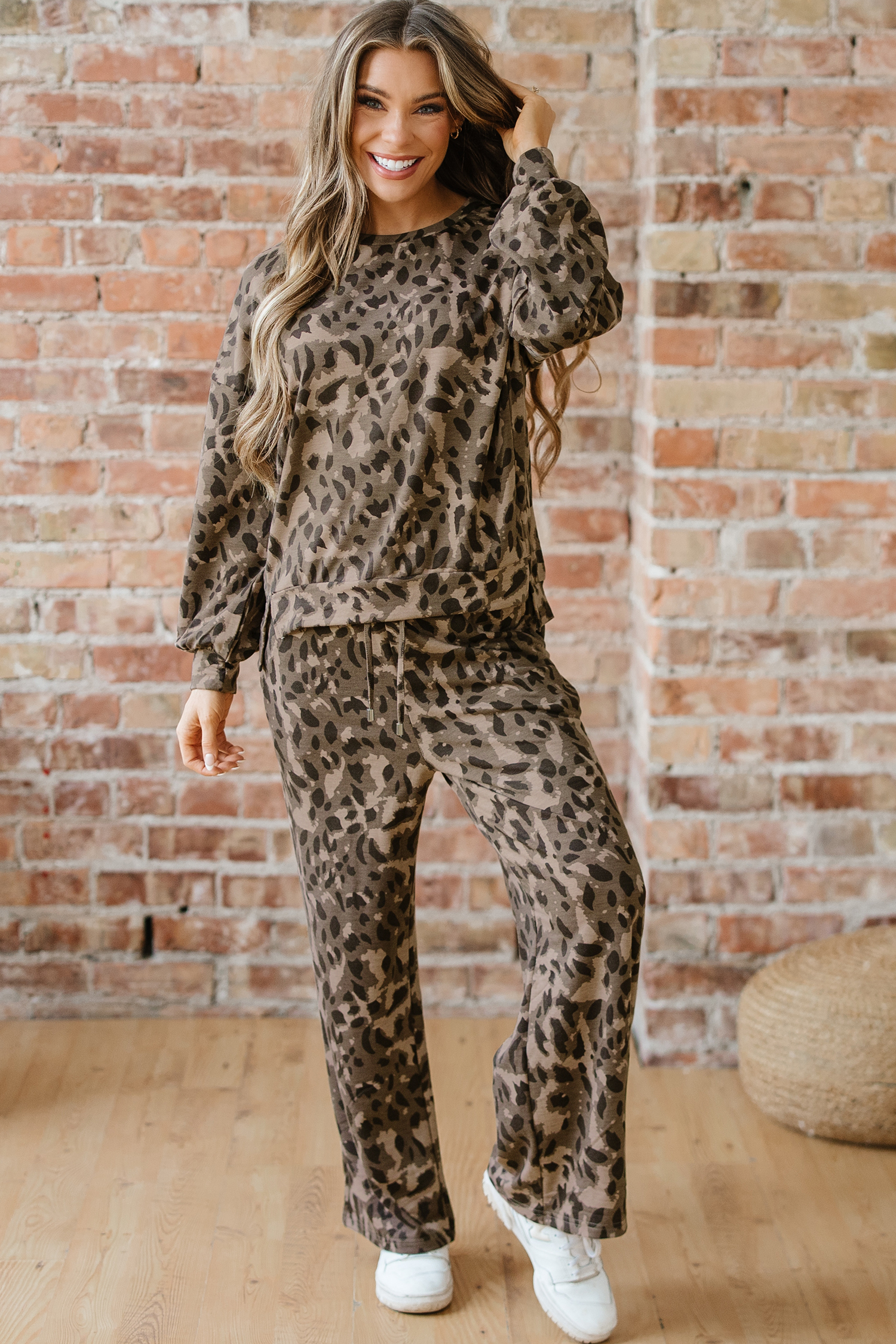Brown Leopard Loose Tee Drawstring Waist Barrel Pants Set - loveforevers