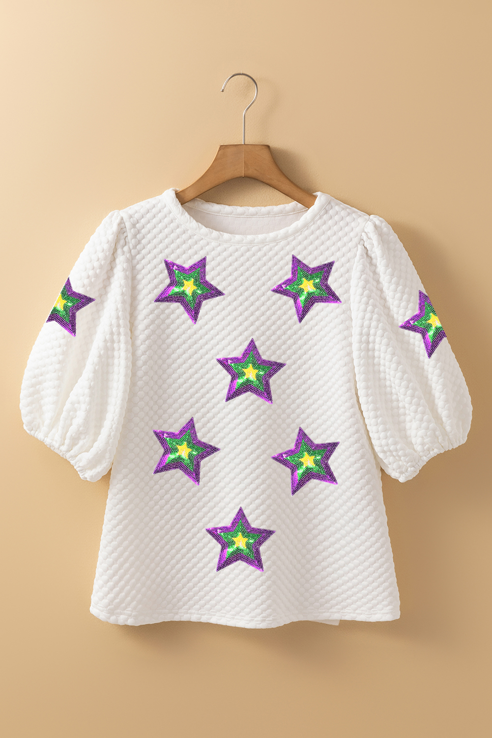 White Textured Sequin Mardi Gras Star Graphic Puff Sleeve Blouse - loveforevers