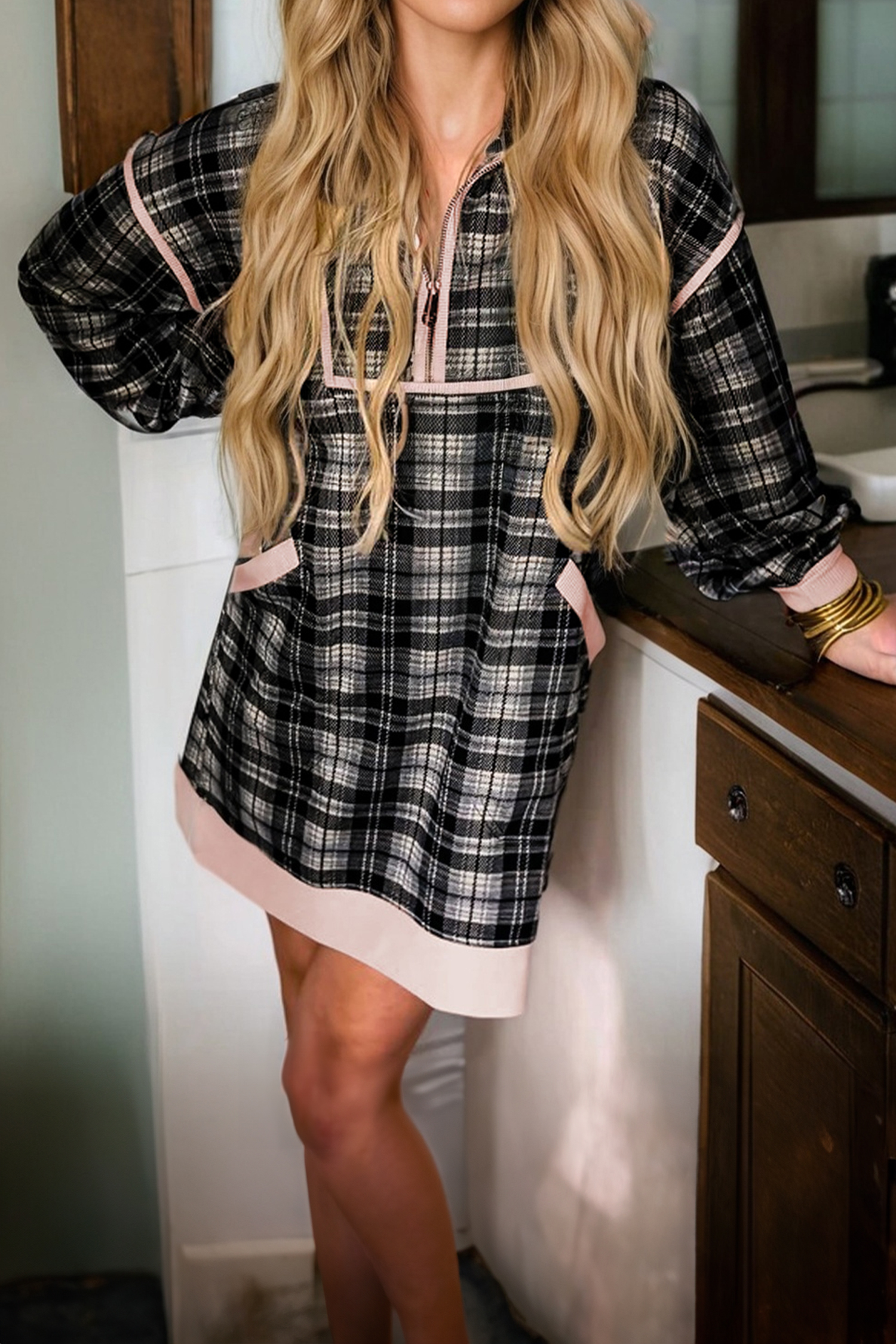 Black Plaid Polo Collar Zip up Contrast Trim Shift Long Sleeve Mini Dress - loveforevers