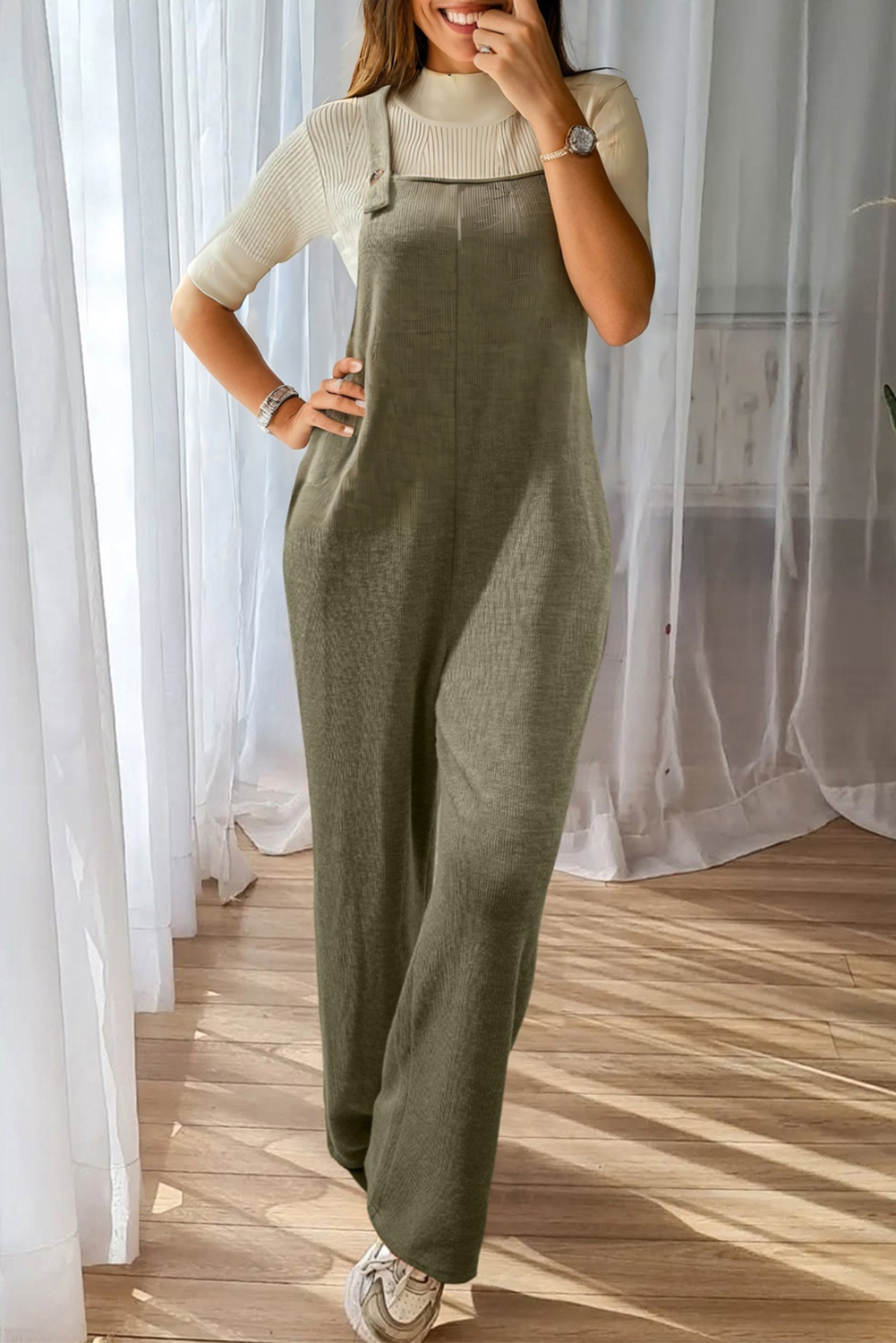 Laurel Green Solid Color Knit Loose Straight Leg Casual Overall Jumpsuit - loveforevers