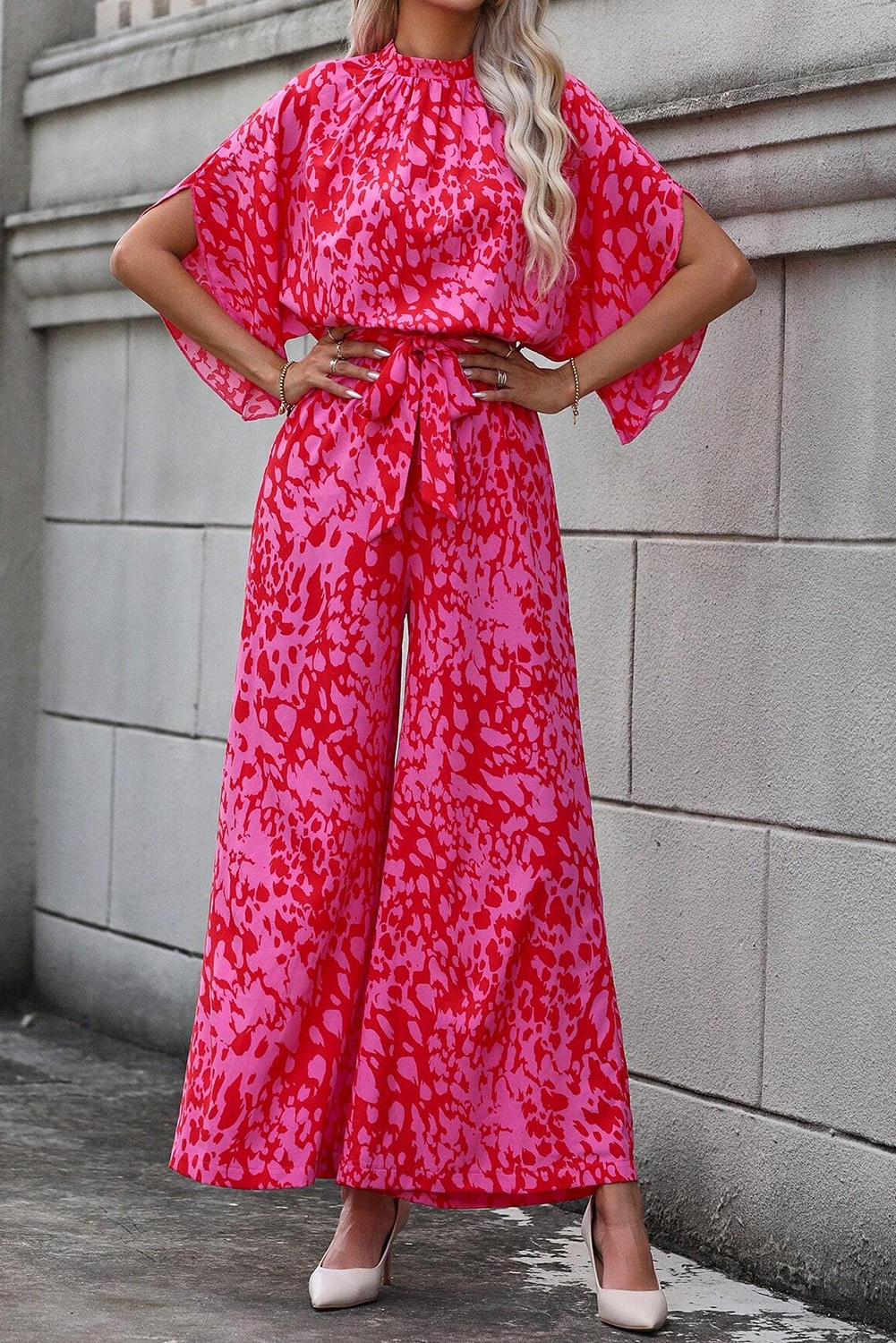 Rose Leopard Loose Sleeve Belted Wide Leg Jumpsuit - loveforevers