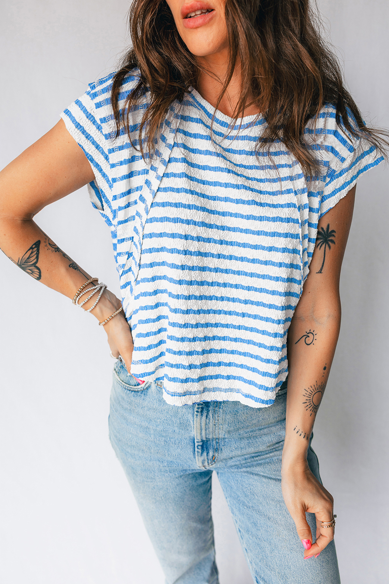 Blue Stripe Textured Short Sleeve Patchwork T Shirt - loveforevers