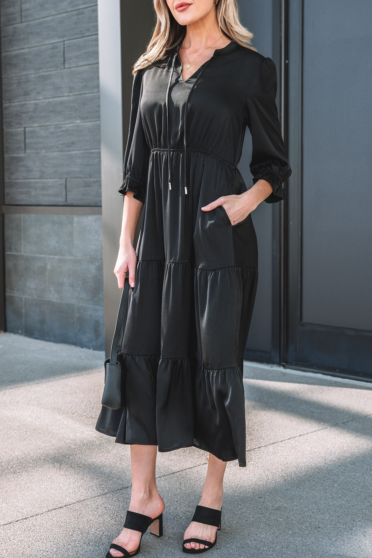 Black Flounced Bracelet Sleeve V Neck Tiered Maxi Dress - loveforevers