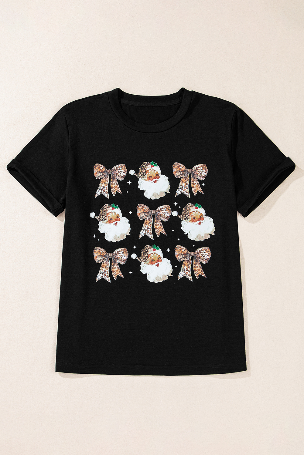 Black Santa Claus Leopard Bow Print Crew Neck Casual T Shirt - loveforevers