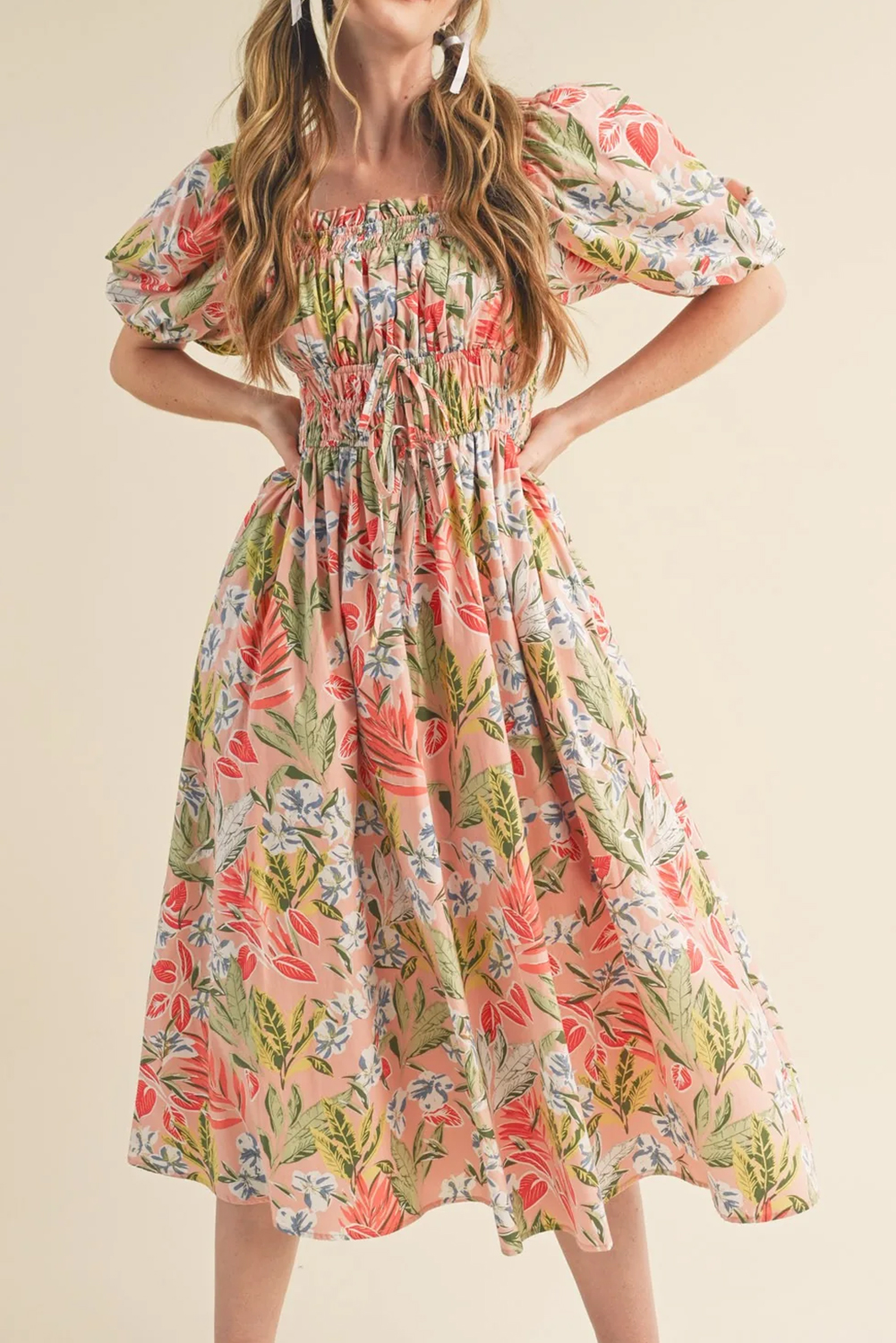 Apricot Pink Floral Smocked Bust Bubble Short Sleeve Maxi Dress - loveforevers