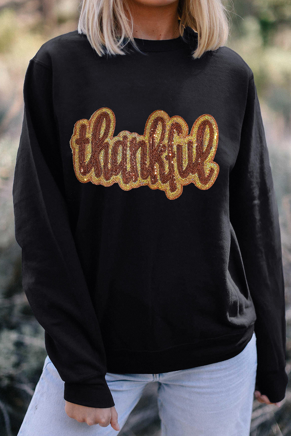 Black Glittering thankful Graphic Drop Shoulder Sweatshirt - loveforevers