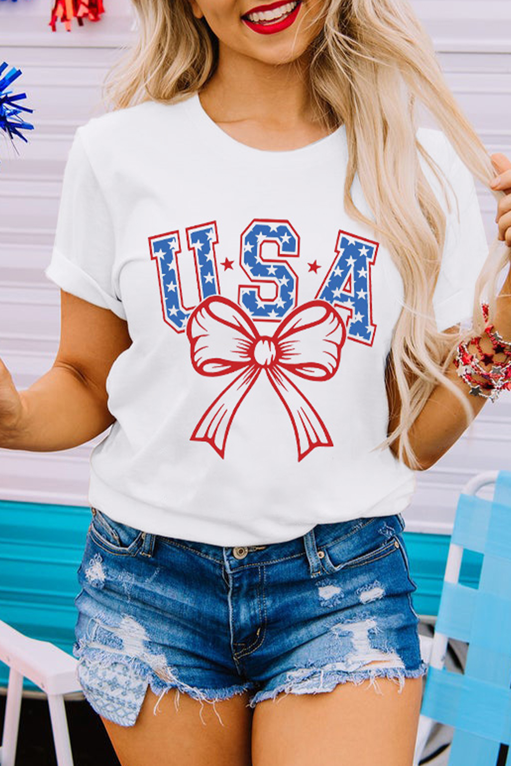 White USA Bow Letter Graphic Short Sleeve Top - loveforevers