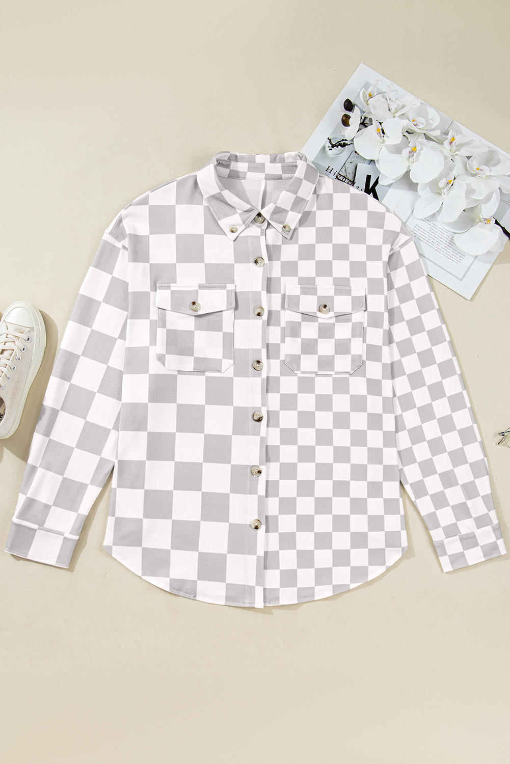 Khaki Checkerboard Flap Pocket Button Front Shacket - loveforevers