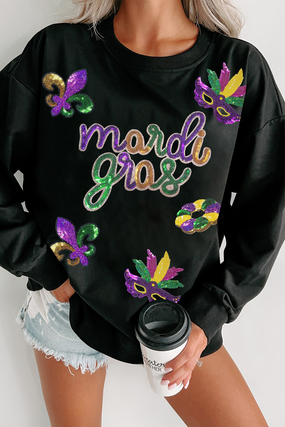 Black Sequin mardi gras Fleur de Lis Graphic Pullover Sweatshirt - loveforevers