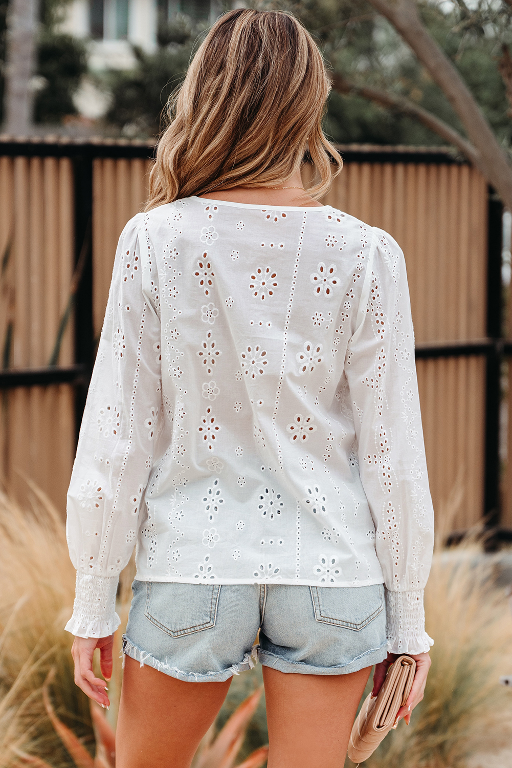 White Eyelet Embroidered Smocked Cuff Sheer Blouse - loveforevers