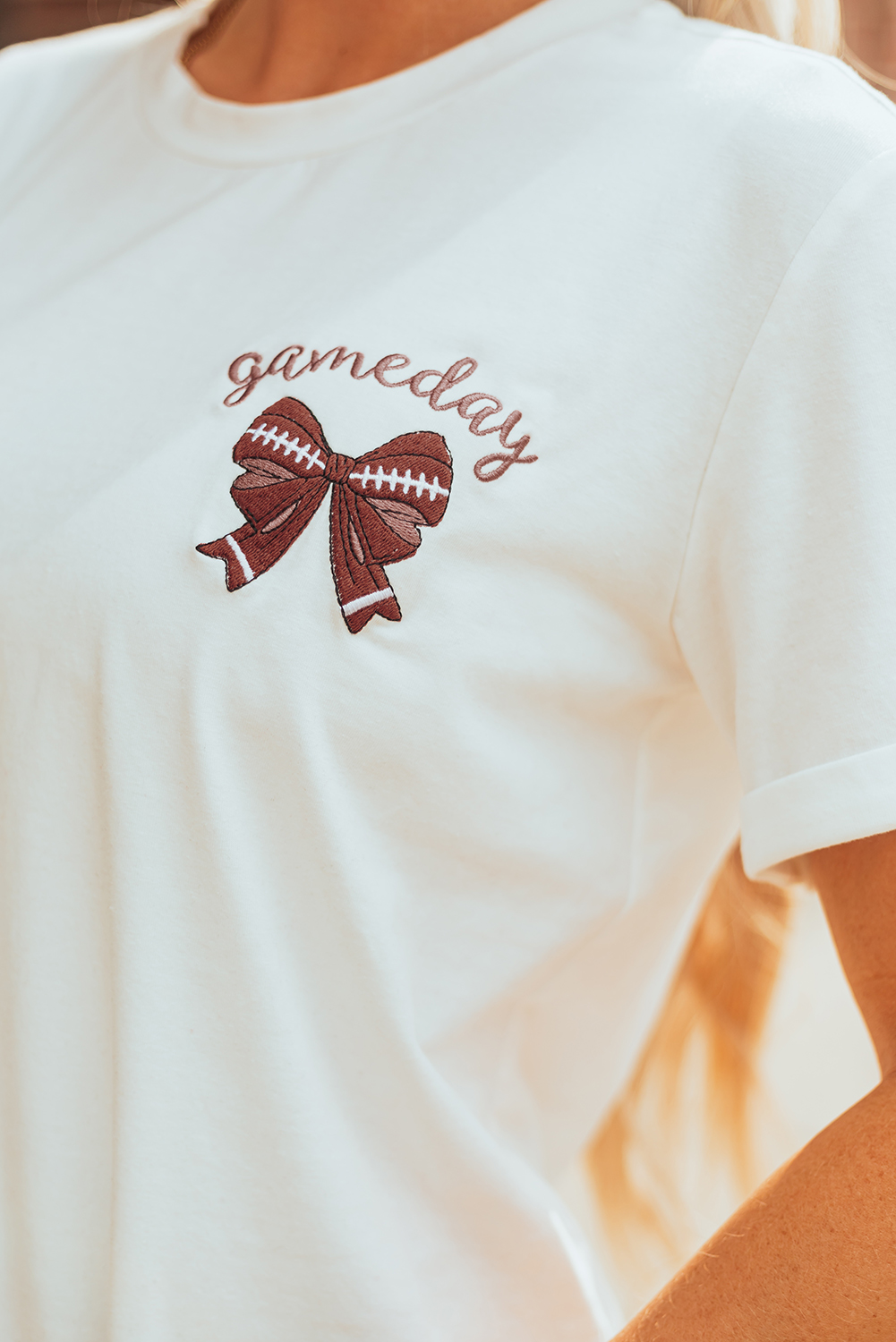 White Game Day Bowknot Embroidered Graphic Casual Tee - loveforevers